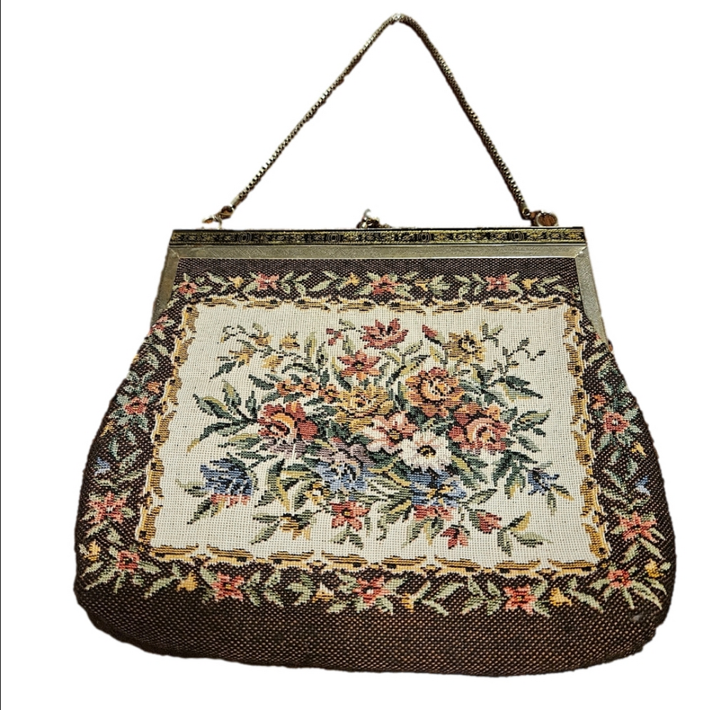 1930’s Vintage Floral Tapestry Clutch Handbag - Brown and Cream - Picture 2 of 6